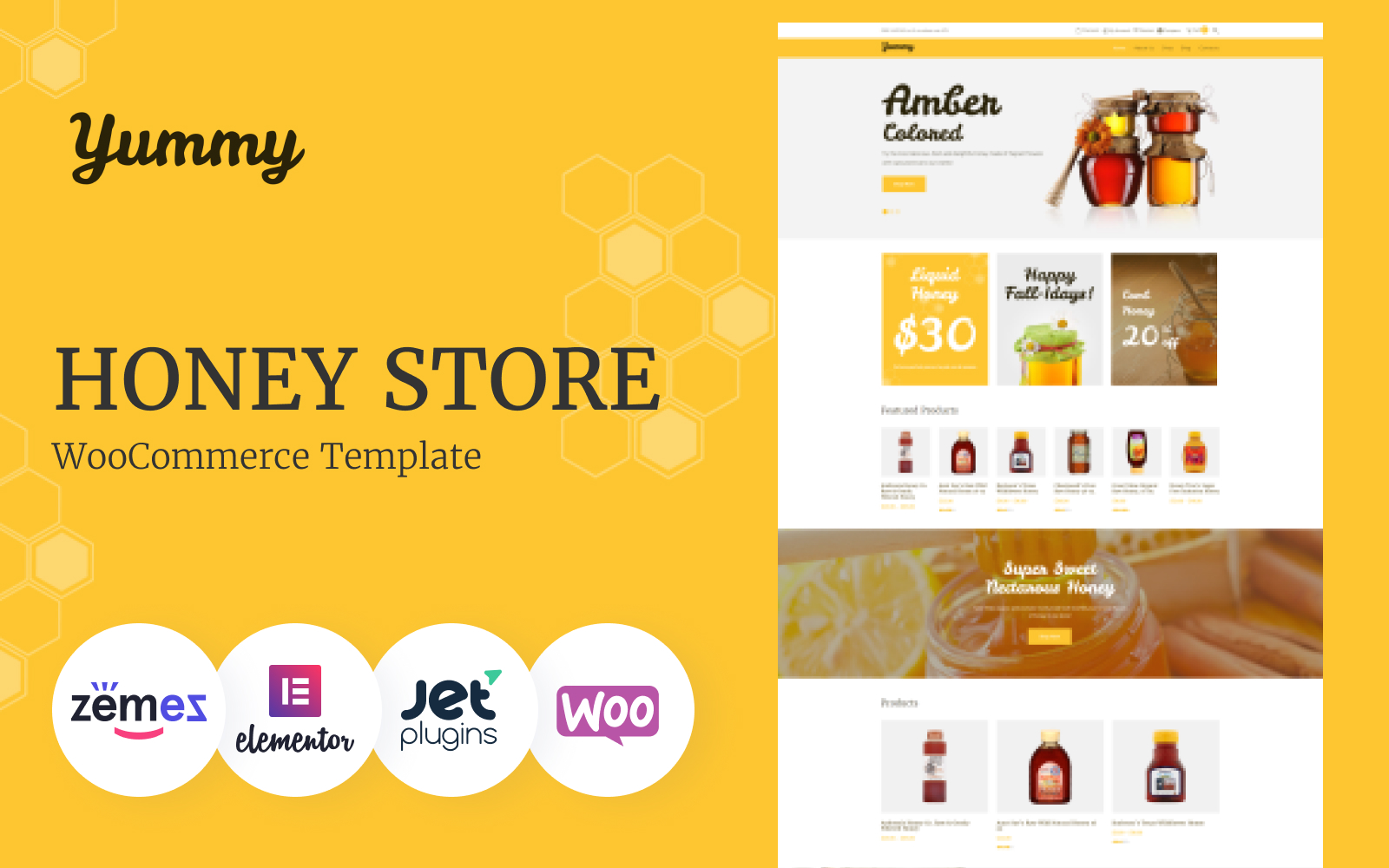 "Yummy - Honey Store" - адаптивний WooCommerce шаблон №64503