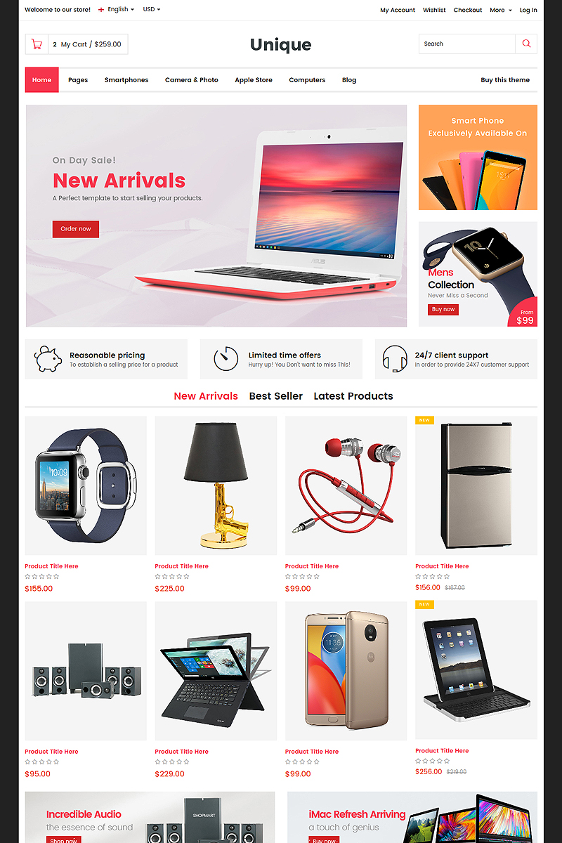 Modello Siti Web Responsive #65366 "Unique - Electronic & Digital Store" - screenshot