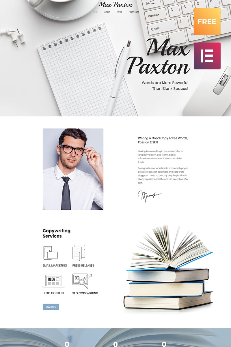 Responsywny motyw WordPress Max Paxton Lite - Copywriter Personal Website Free WordPress Theme #65339 - zrzut ekranu