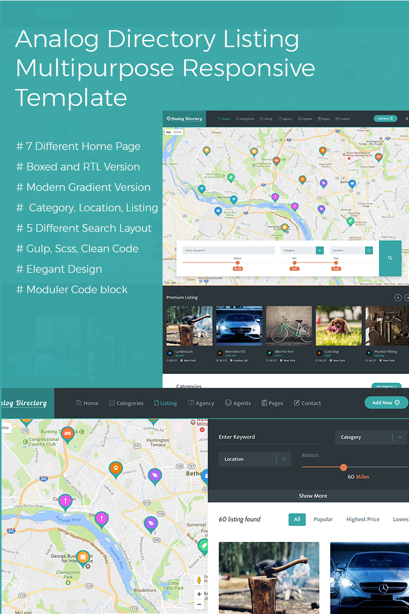 Website Vorlage namens "Analog Directory Listing Multipurpose Responsive + RTL" #66115 - Screenshot