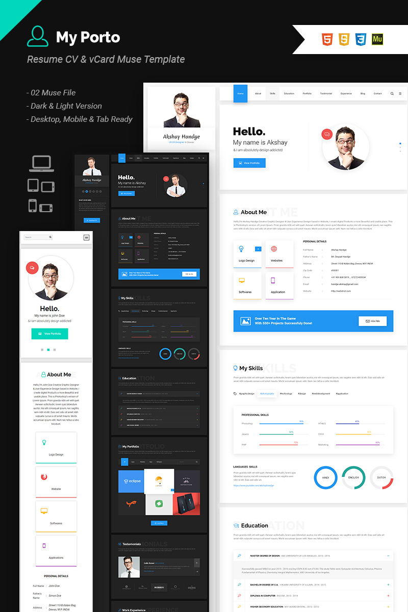 Reszponzív My Porto - Resume CV, VCard & Portfolio Muse sablon 66238