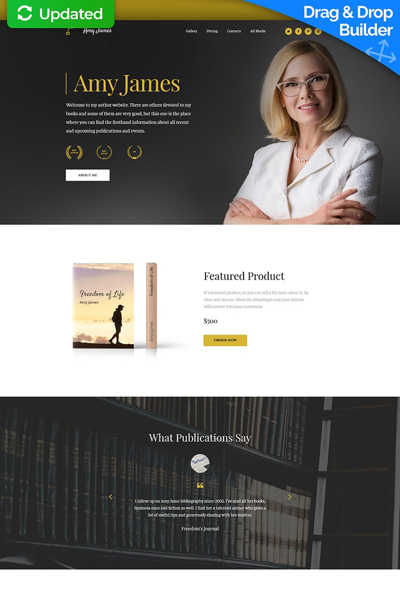 Landing Page Template namens "Amy James - Book Writer MotoCMS 3" #66372 - Screenshot