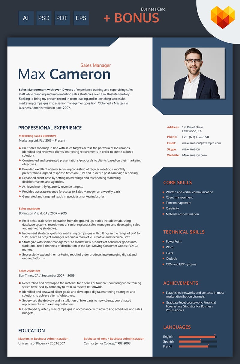 Max Cameron - Sales Manager Resume Template #66438