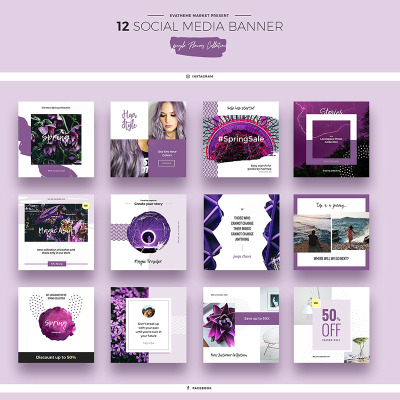 Purple Flowers Social Media Designs Premium PSD Template #66946