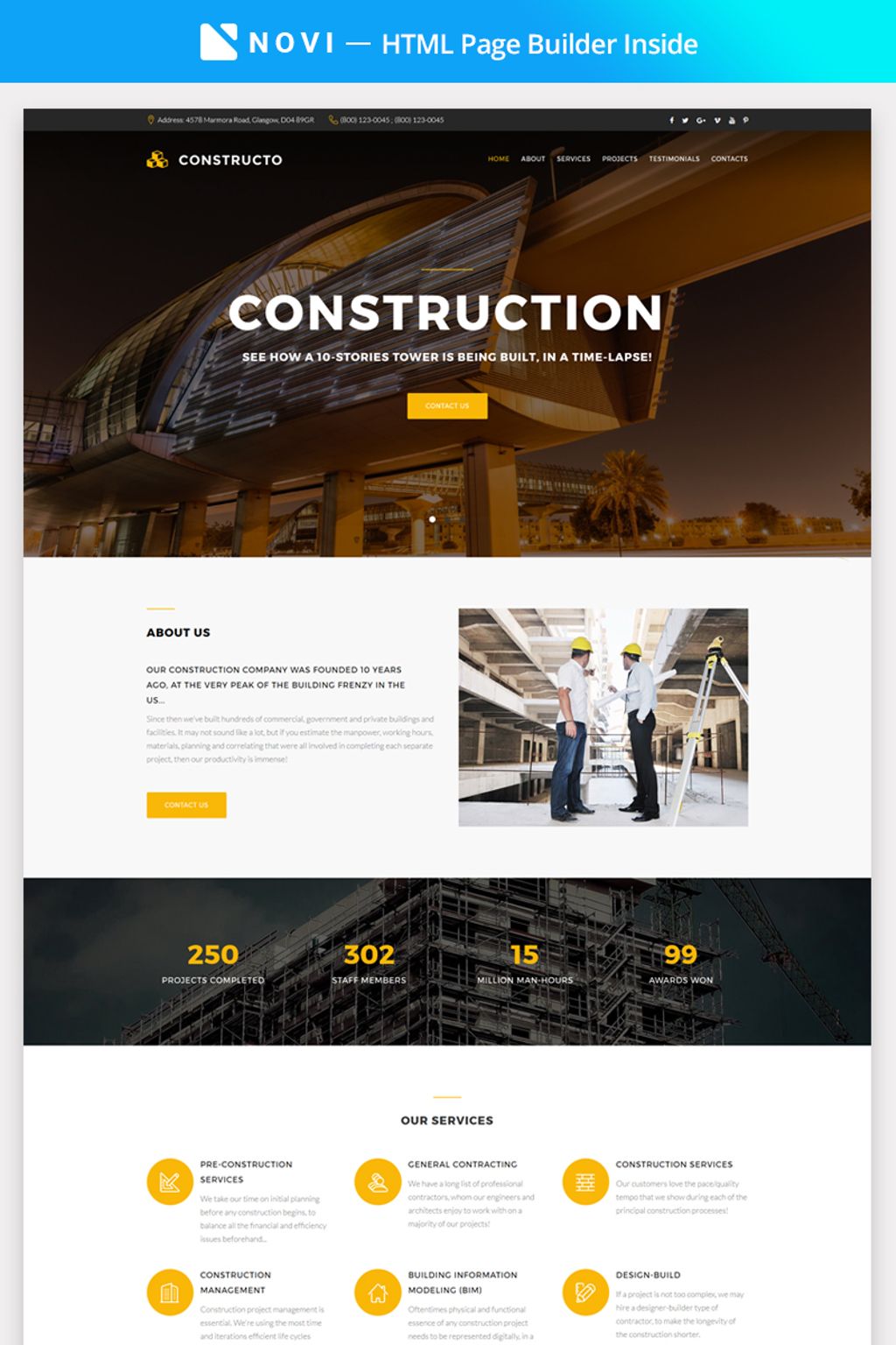 "Constructo - Construction Company with Novi Builder" 响应式着陆页模板 #67292