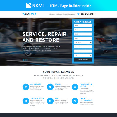 "CarRepair - Practical Car Repairing Workshop with Built-In Novi Builder" - адаптивний Шаблон цільової сторінки #67411