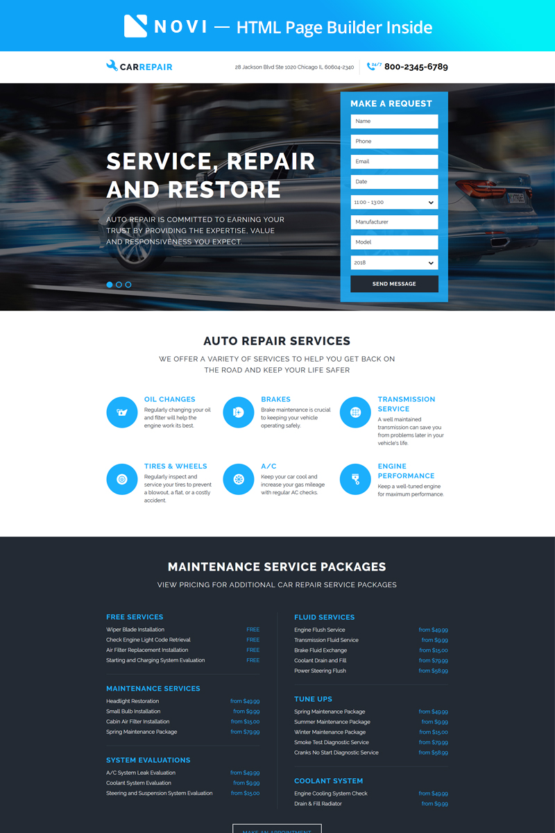 Template di Landing Page Responsive #67411 "CarRepair - Practical Car Repairing Workshop with Built-In Novi Builder"