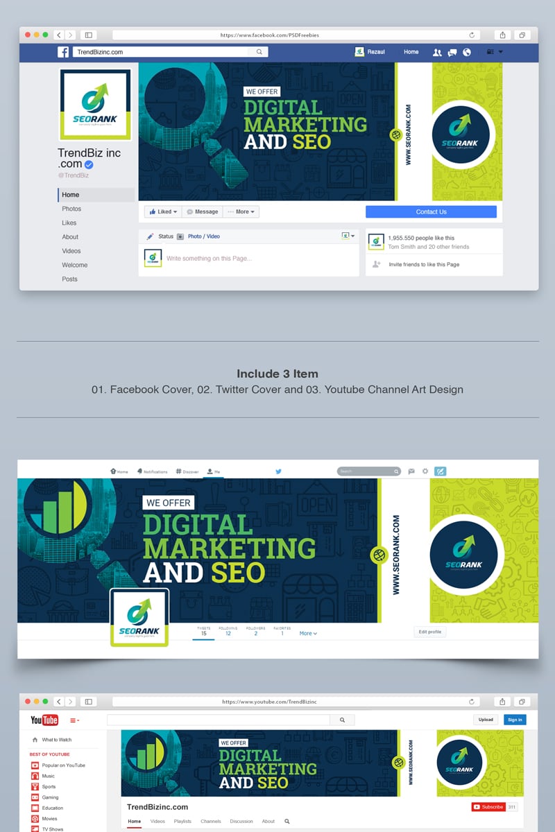 Medios Sociales "Facebook Cover, Twitter Cover, YouTube Channel Art Design" #67676 - captura de pantalla