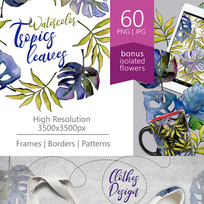 Tropics Leaves PNG Watercolor Set Bundle