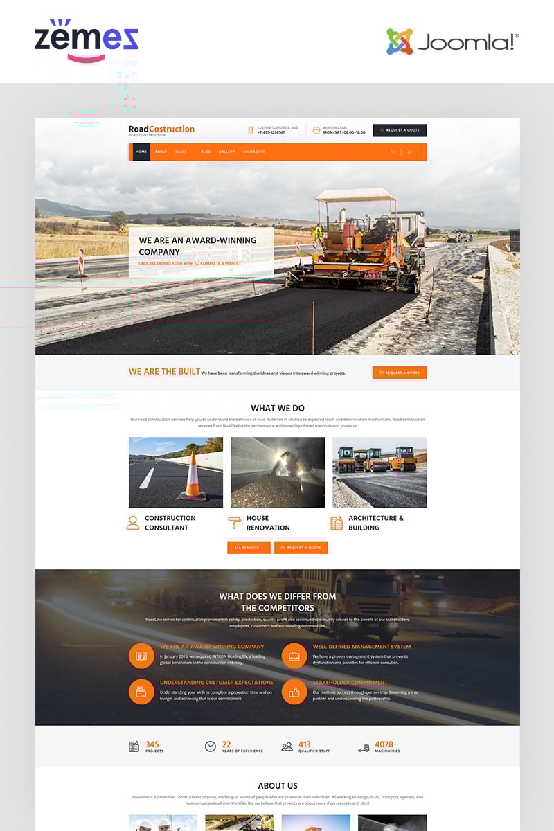 "RoadLine - Solid Road Consrtuction Company" Responsive Joomla Template №67937