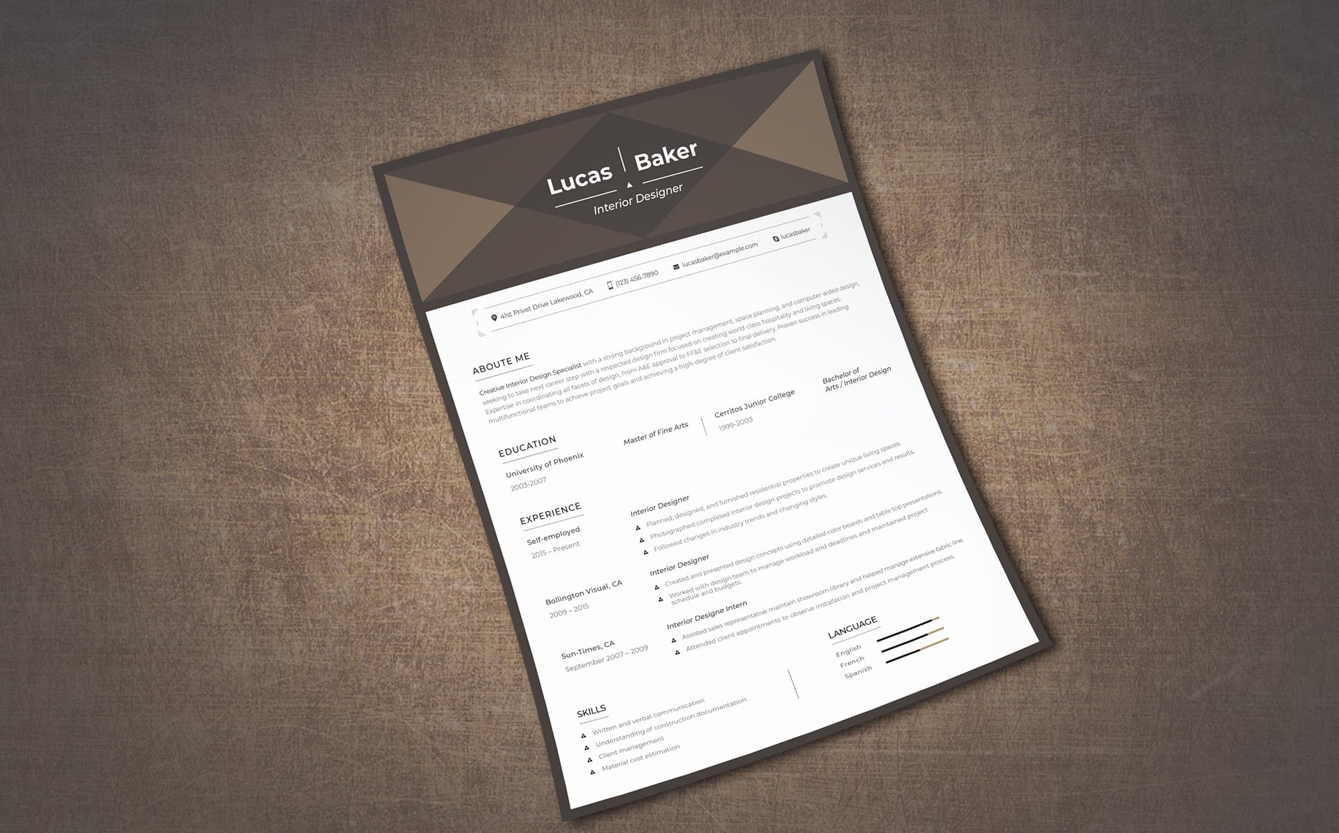 Download Резюме "Lucas Baker - Interior Designer Resume Template" / Lucas Baker - Interior Designer Resume Template - Резюме на тему графика decor decorator creative construction decoration house home room style stylist contemporary interdesign apartment furniture renovation specialist interior design interior designer