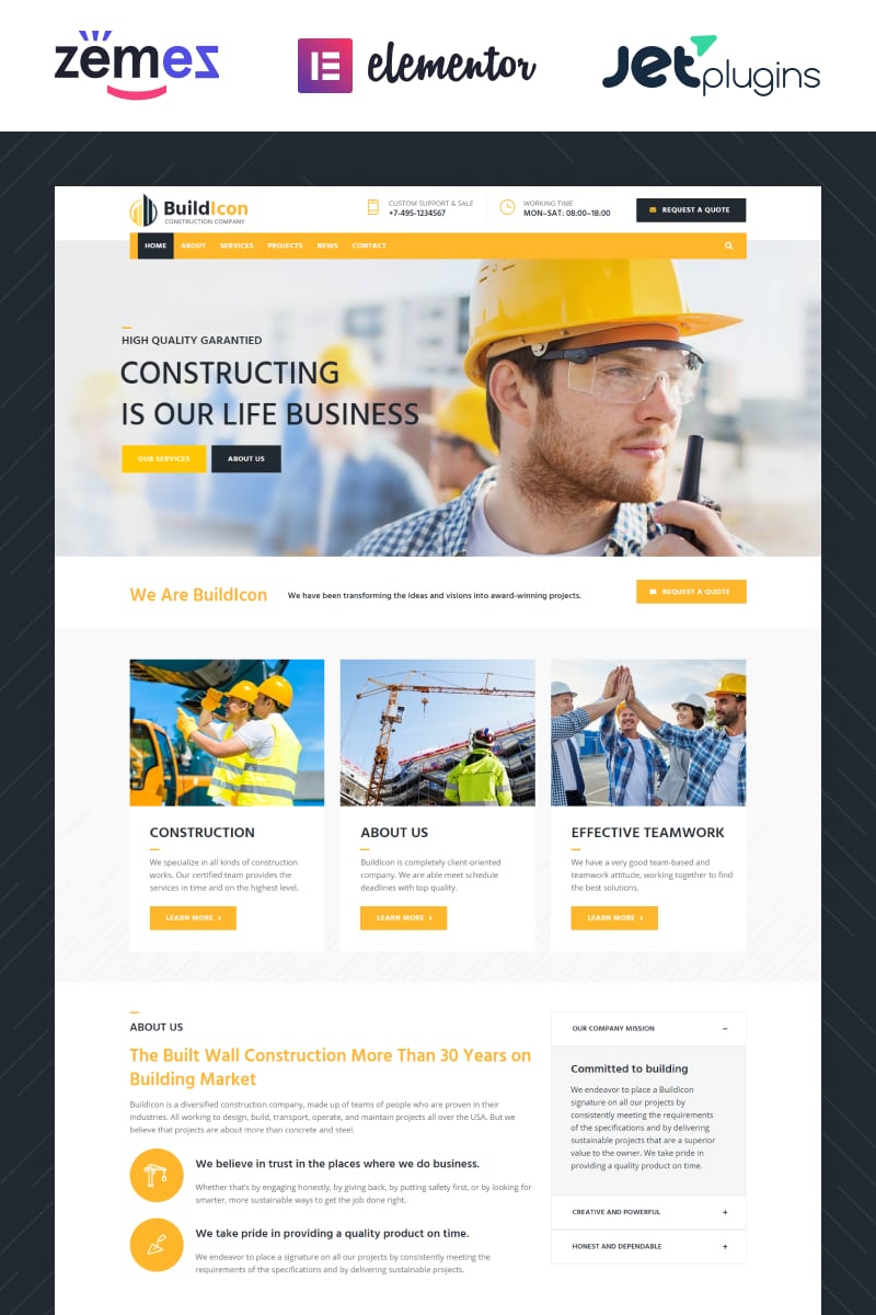 Modello WordPress Responsive #68099 "BuildIcon - Construction Company"