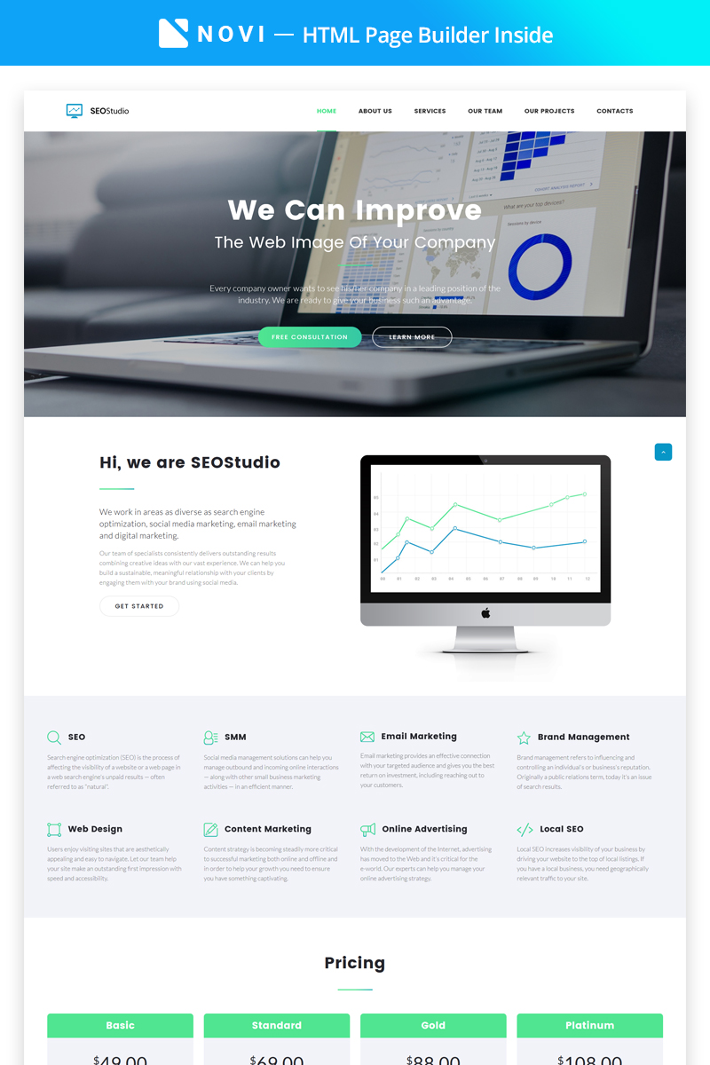 "SEO Studio - Consulting HTML with Novi Builder" modèle de page d'atterrissage adaptatif #68520