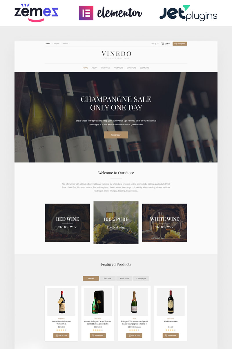 "Vinedo - Vinery Elementor" - адаптивний WooCommerce шаблон №68518