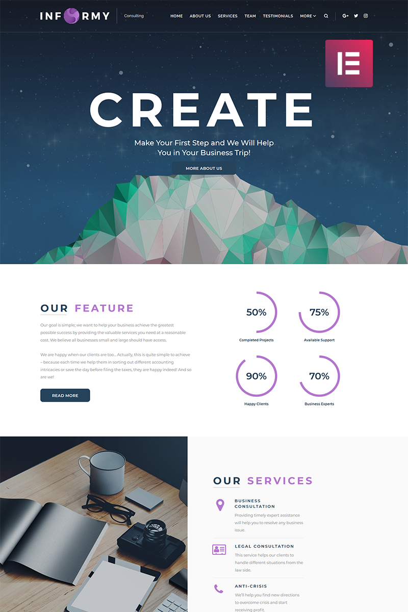 "Informy - Consulting Company Elementor" Responsive WordPress thema №68617