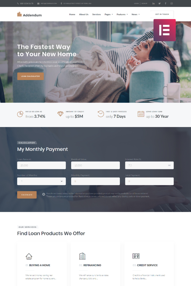 Responzivní WordPress motiv "Addendum - Mortgage Company Elementor" #68843