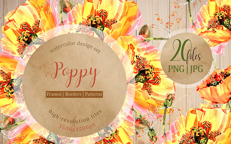 Cool Yellow Poppies PNG Watercolor Set - Illustration