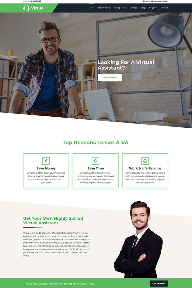 "Virtua - Virtual Assistant" Responsive WordPress thema №69227