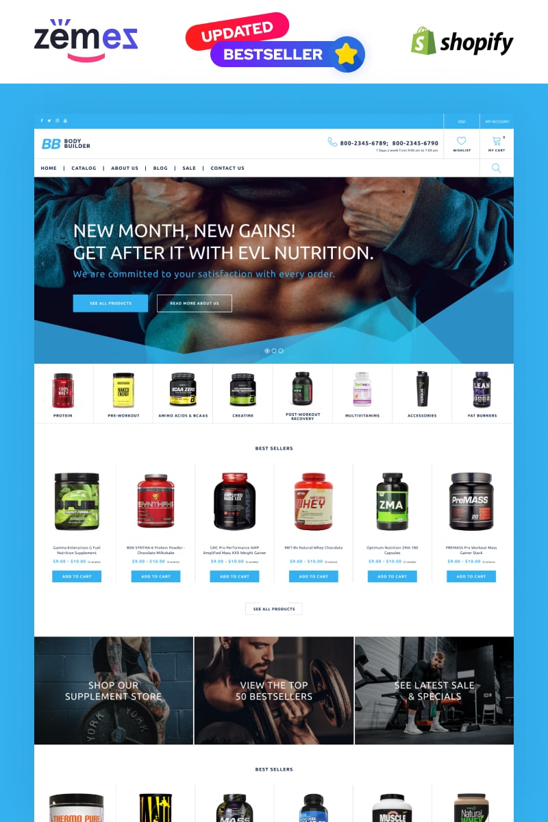 Responsivt Body Builder - Sports Nutrition eCommerce Template - Shopify-tema #69649