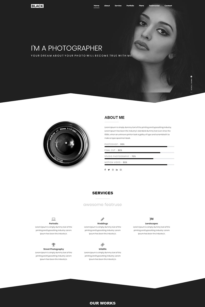 Landing Page Template namens "Black Creative One Page Portfolio" #69943