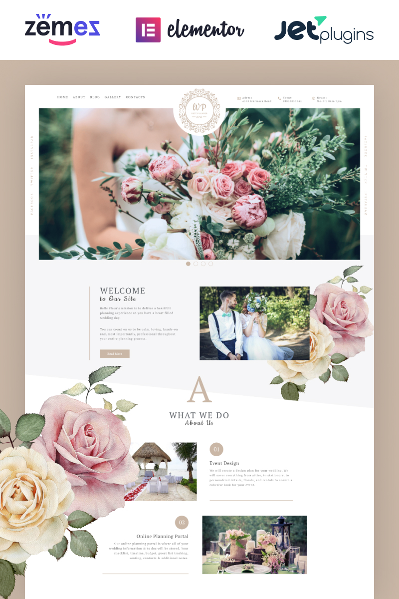 Tema WordPress Responsive #69993 "Belle Fleur - Wedding Landing Elementor"