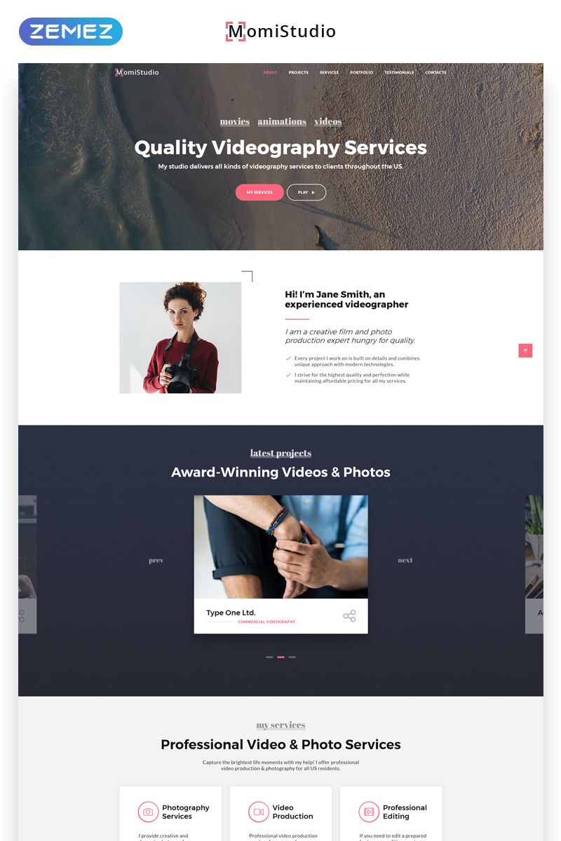 "MomiStudio - Videography Services HTML5" modèle de page d'atterrissage adaptatif #70053