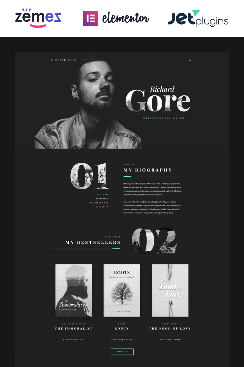 Responsivt Richard Gore - Stylish Writer Portfolio Template with Elementor Builder WordPress-tema #70286