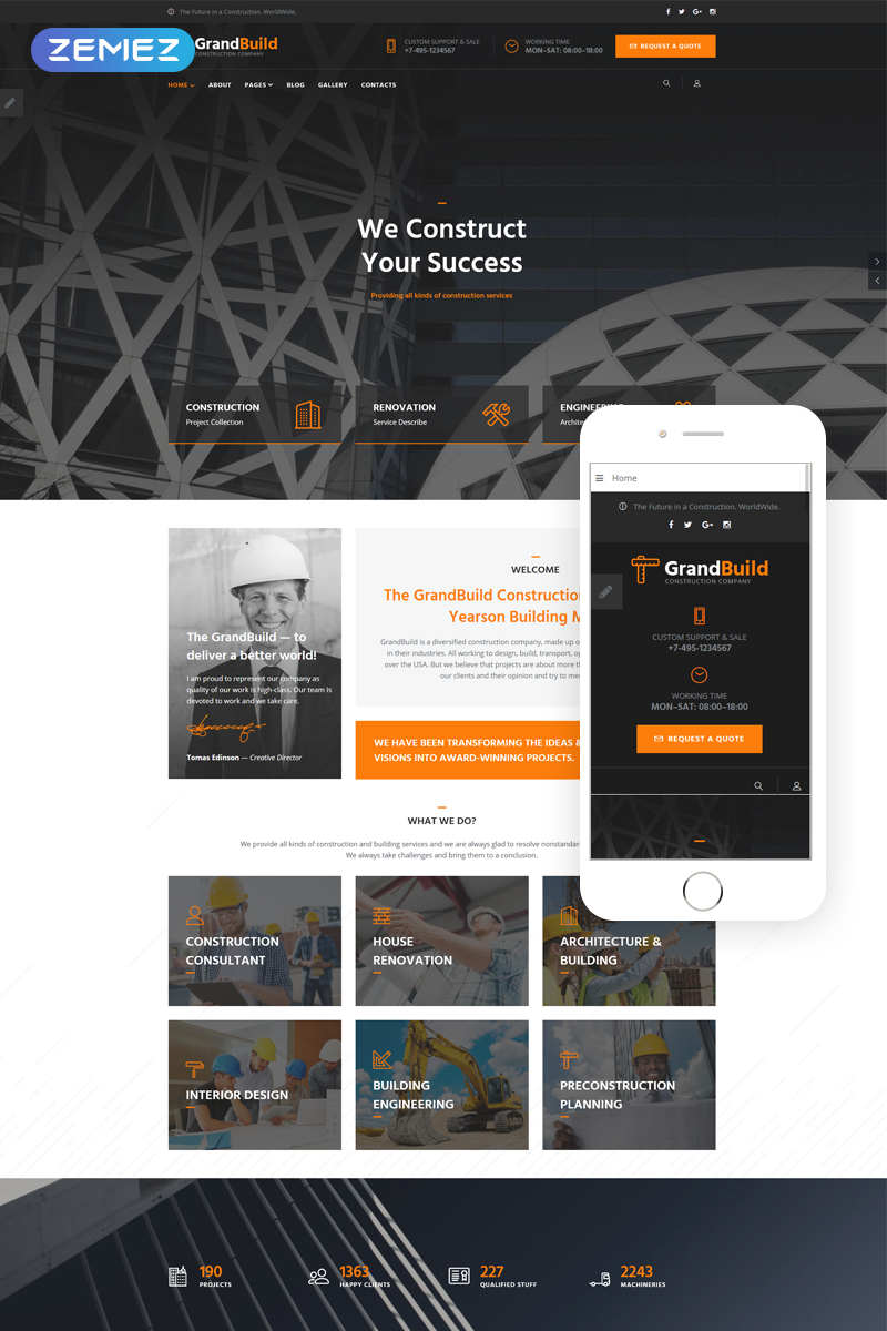 Modello Joomla Responsive #70649 "GrandBuild - Construction Company Flat Professional"