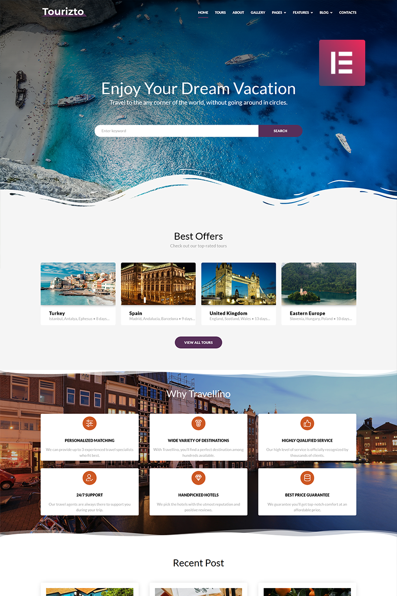"Tourizto - Travel Company Elementor" 响应式WordPress模板 #70827