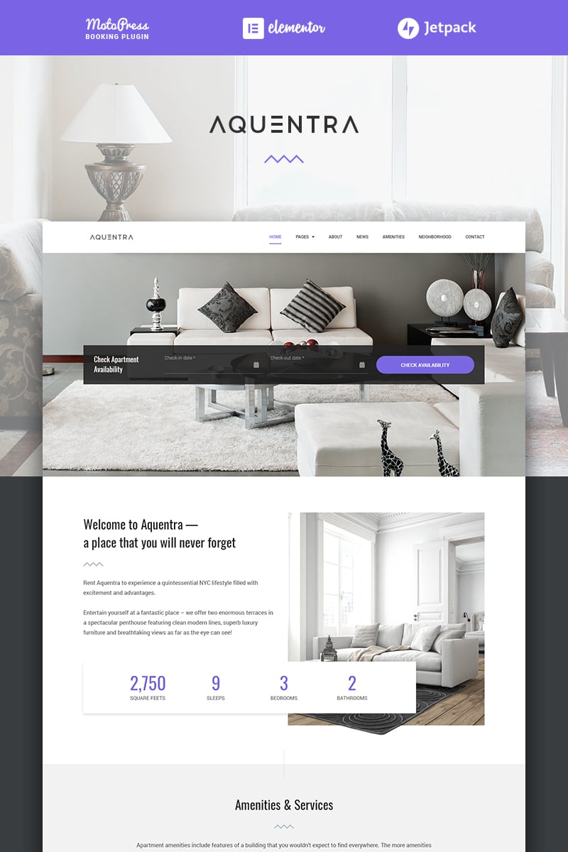Aquentra - Single Property Rental WordPress Theme - screenshot