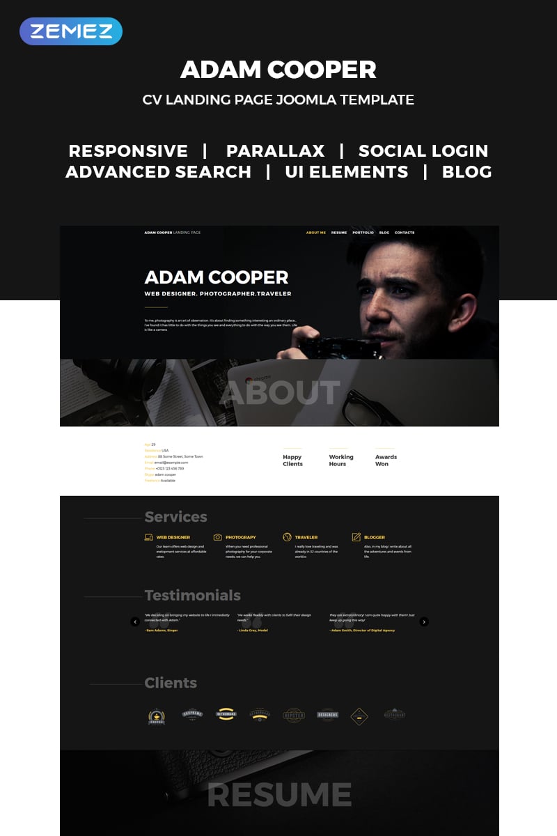 Template Joomla Responsive #70951 "Adam Cooper - Photographer Portfolio Landing" - screenshot