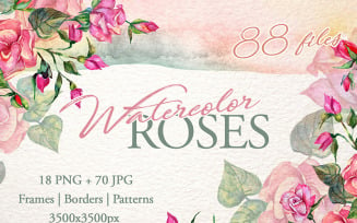 Wonderful Pink Roses PNG Watercolor Set - Illustration