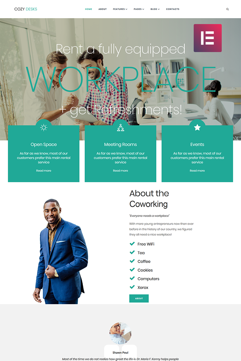 "Cozy Desks - Coworking Elementor" Responsive WordPress thema №71269