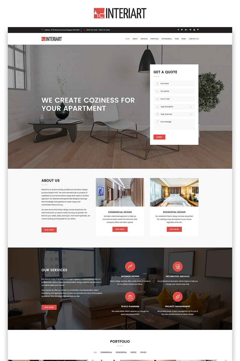 "Interiart - Interior Design HTML" - адаптивний Шаблон цільової сторінки №71321