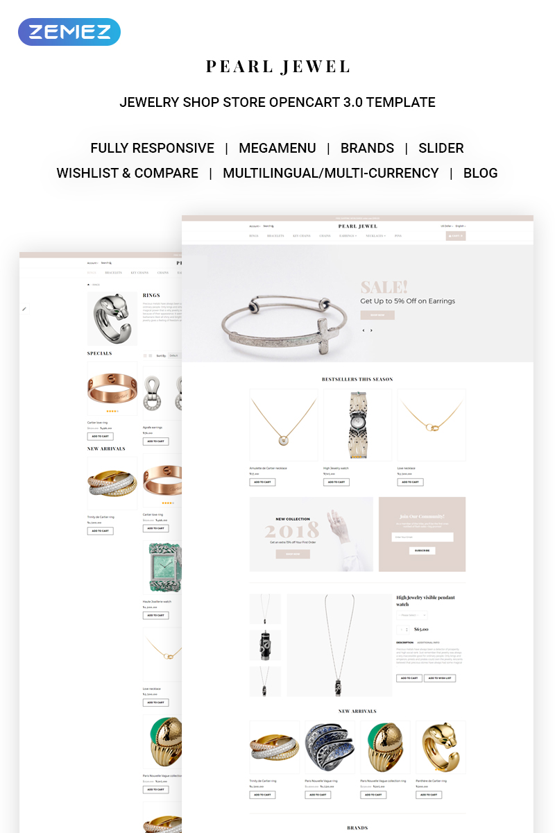 "Pearl Jewel - Sophisticated Jewellery Online Shop" Responsive OpenCart Template №71444