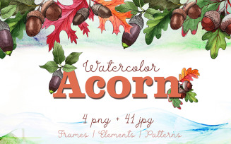 Autumn Acorn Leaf and Plant PNG Watercolor Set - Illustration