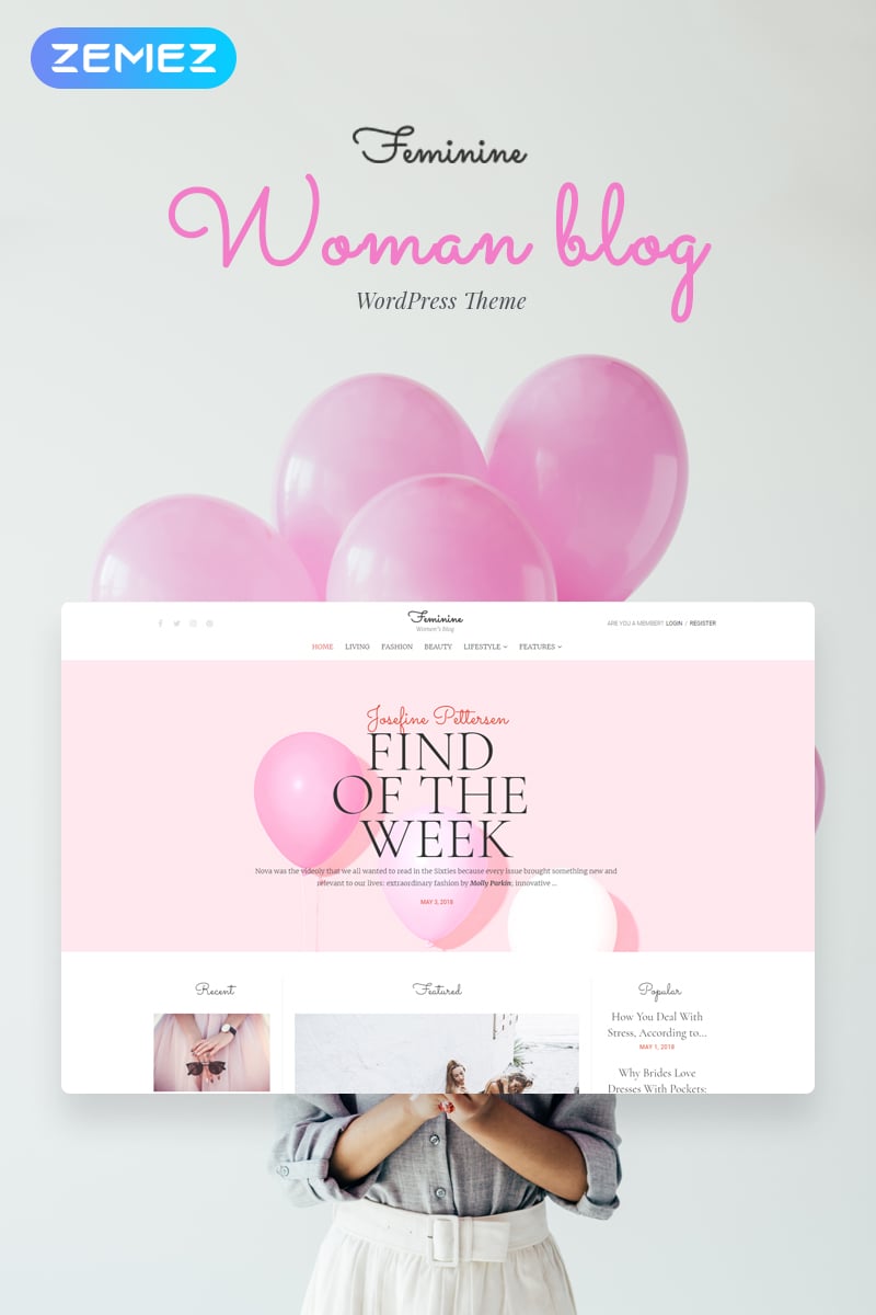 "Feminine - Woman Blog Elementor" - адаптивний WordPress шаблон №71586