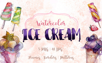 Watercolor Cool Ice Cream PNG Creative Set - Illustration