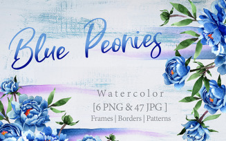 Cool Blue Peonies PNG Watercolor Flower Set - Illustration