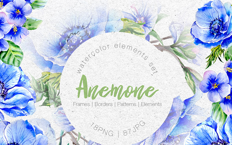 Wonderful Blue Anemone PNG Watercolor Set   - Illustration