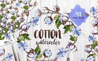 Blue And White Cotton PNG Watercolor Set - Illustration