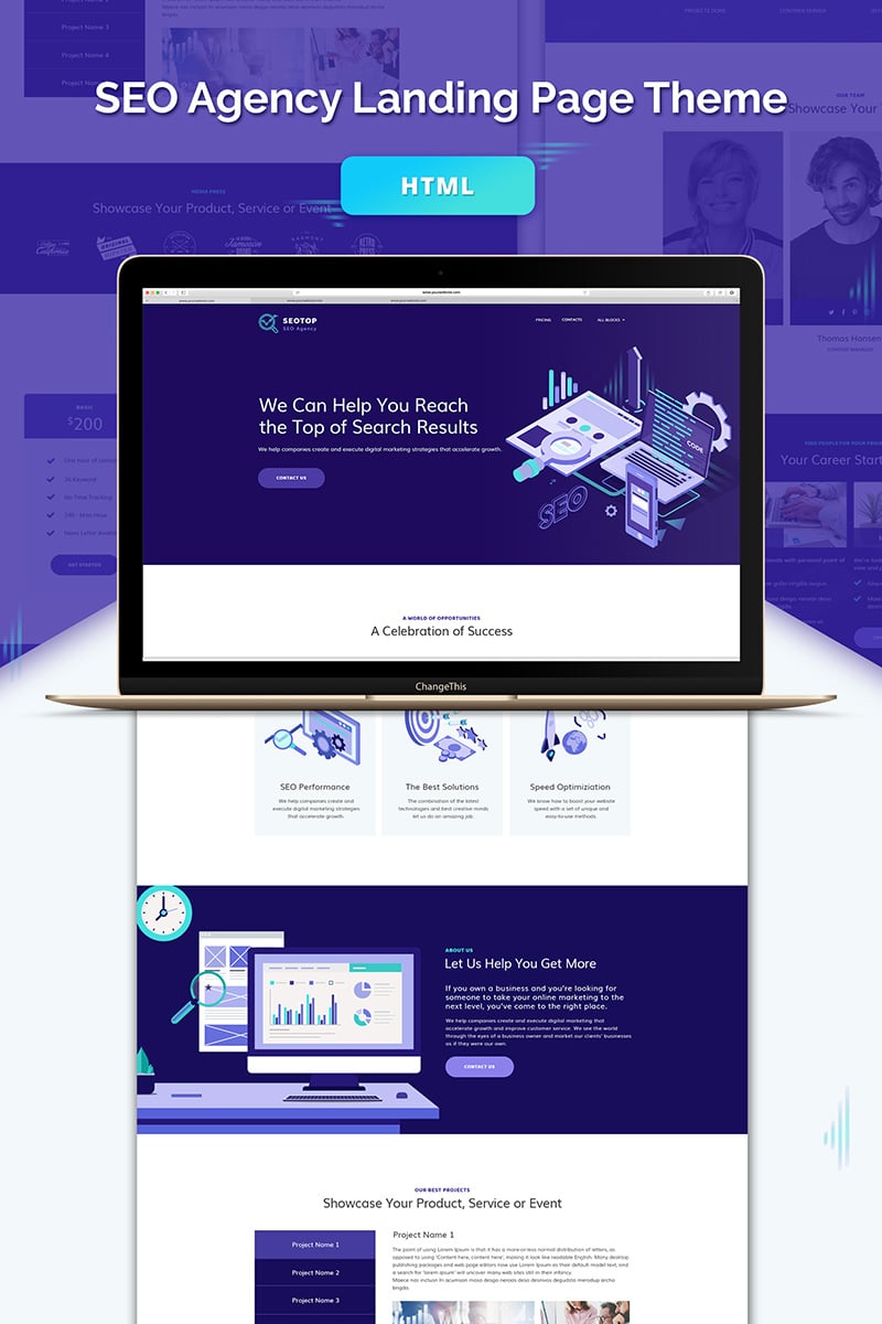 "SEO Agency HTML Landing Page Template" Landingspagina Template №71869