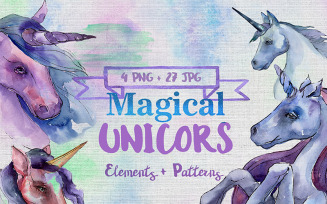 Magical Purple Unicorn PNG Watercolor Set - Illustration
