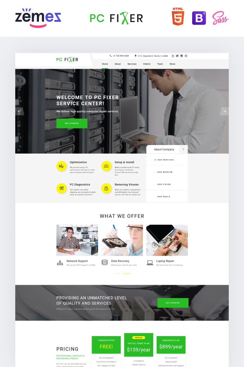 "PC Fixer - Computer Repair Services HTML" modèle de page d'atterrissage adaptatif #73434