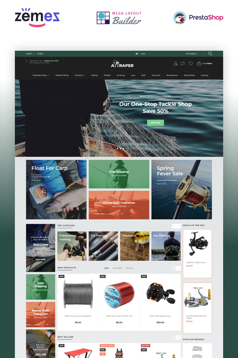 "Attraper - Fishing eCommerce Bootstrap Template" thème PrestaShop adaptatif #73642