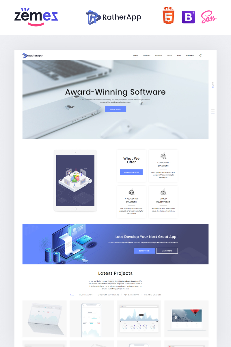 Reszponzív RatherApp - Software Company HTML Nyítóoldal sablon 73762