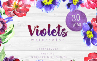 Cool Violets PNG Watercolor Flower Set - Illustration