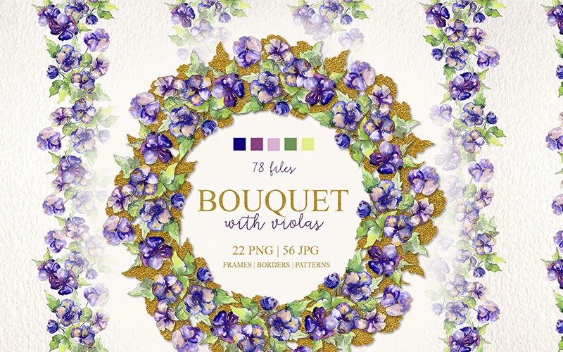 Bouquet With Violas PNG Watercolor Set - Illustration