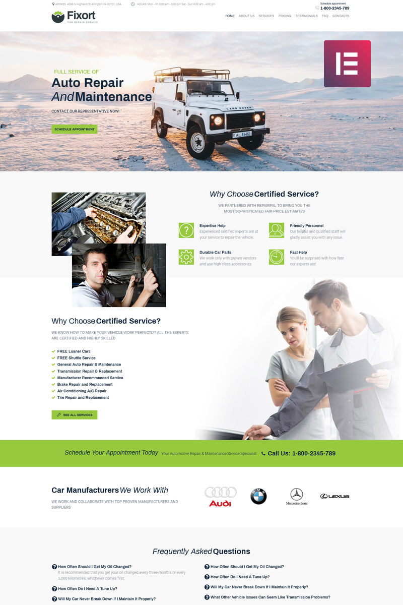 "Fixort - Car Repair Service Elementor" - адаптивний WordPress шаблон №74186