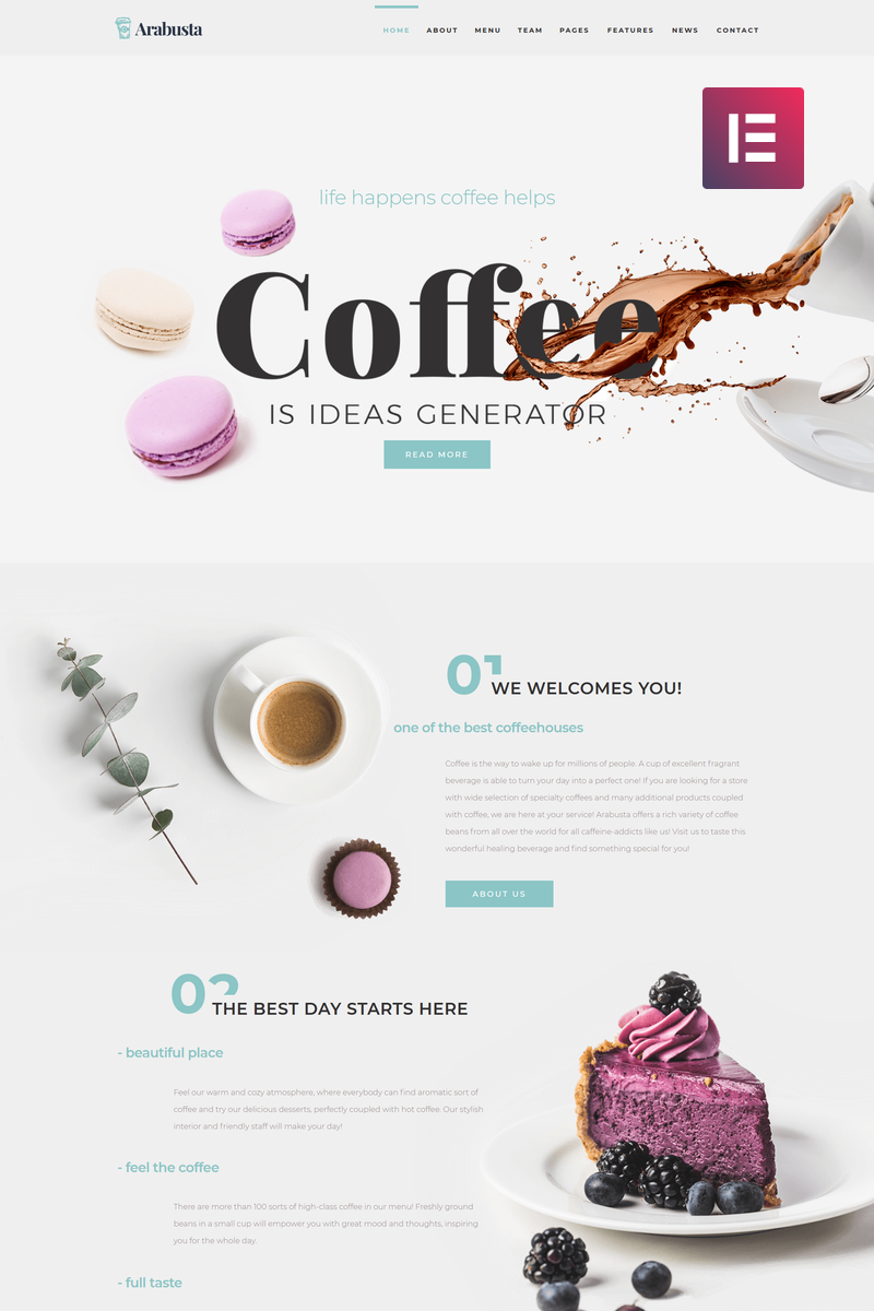 Tema WordPress Responsive #74163 "Arabusta - Coffeehouse Elementor"